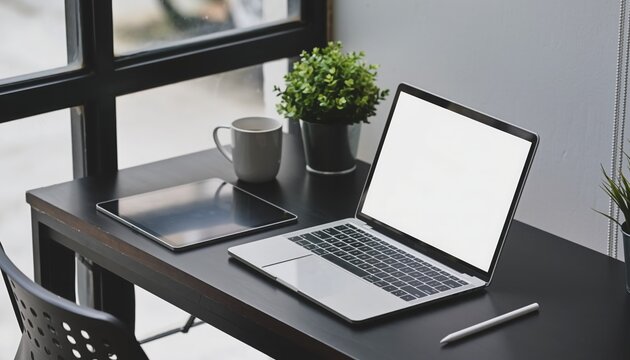 Modern Workspace Composition: A contemporary office desk setup with a laptop and tablet ready for work. A coffee mug and a potted plant are enhancing the desk.