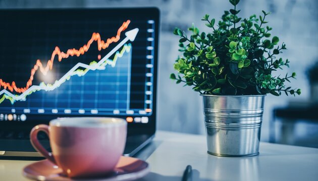 Market Dynamics: A vibrant workspace scene where the intersection of financial data and tranquil nature create a dynamic backdrop. - Powered by Adobe