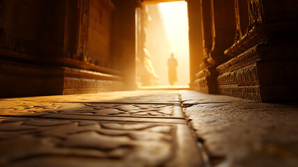 A person walks toward a bright light at the end of a stone-carved corridor, creating a striking contrast of shadows and illumination in an ancient structure.