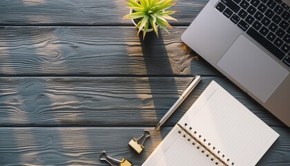 Workspace Arrangement: A top-down view showcases a modern workspace layout, comprising a laptop, notepad, pen, binder clips and plant on a rustic wooden desk, bathed in the soft glow of natural light.