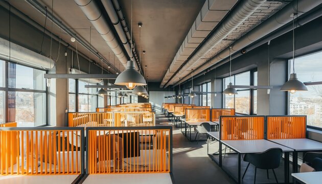 Modern Workspace: A well-lit, open-plan office space featuring rows of workstations, exuding an atmosphere of productivity and collaboration, with natural light and contemporary design elements.