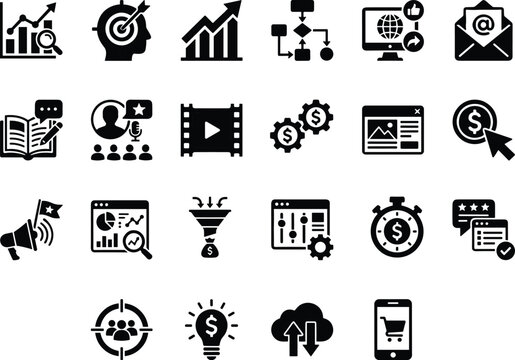 Business marketing icons, flat vector set, analytics, strategy, automation, finance, email, innovation, mobile commerce, cloud computing, PPC, video content