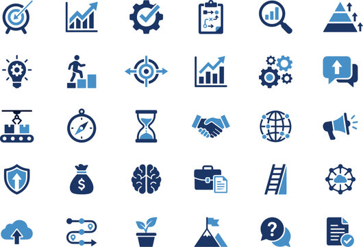 Business productivity icons, flat vector set, goal setting, planning, teamwork, innovation, finance, growth, strategy, communication, cloud computing, security, time management
