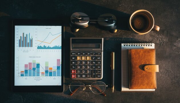 Business tools on the table: A high-angle shot captures the essence of business and accounting, showcasing a collection of essential tools against a contrasting surface.
