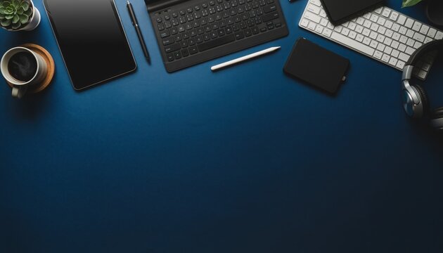 Tech Office Desktop: An organized workspace showcases modern technology, including a tablet, keyboard, smartphone, headphones, and a cup of coffee, all set against a sleek backdrop.