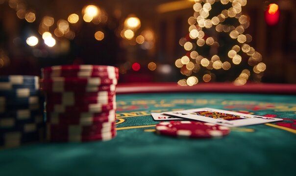 Stacks of gambling chips and playing cards on a green felt table, with a festive christmas tree and bokeh lights in the background - Powered by Adobe