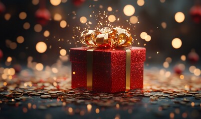Red glitter gift box with a shining gold ribbon, sparkling magical glitter, and festive bokeh background. Celebrating holidays and special occasions