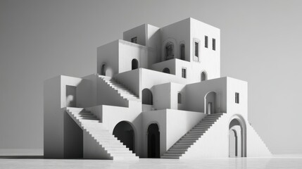 Modern architectural structure features unique staircase design with multiple levels and arches set against a minimalist background