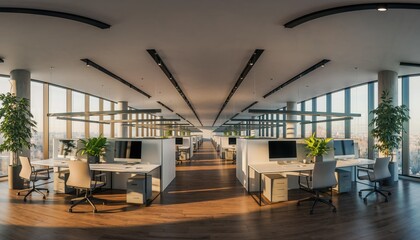 Modern Workspace Panorama: Expansive, contemporary office space bathed in natural light, showcasing rows of workstations with scenic city views, embodying a productive and inspiring work environment.