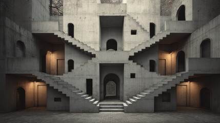 Concrete architectural design featuring interconnecting staircases and minimalistic doors in a modern space with unique lighting