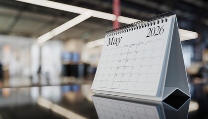 Calendar of May 2026: A sleek desk calendar displays the month of May 2026, positioned prominently on a reflective surface in a modern office, symbolizing time management and future planning.