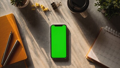Smartphone's Digital Oasis: A sleek smartphone featuring a vibrant green screen rests amid a textured work surface, accented by stationery. Embrace technology, productivity, and modern lifestyle.