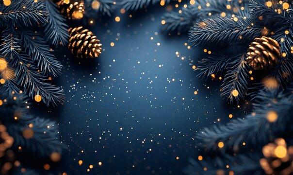 Festive blue background with golden bokeh lights, sparkling glitter, and green fir branches creating a holiday border