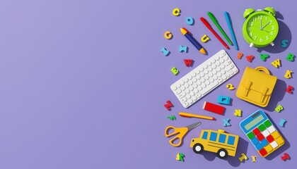 Back to School Supplies: A vibrant assortment of essential school supplies, including colorful letters, pen and pencils, clock, a yellow school bus and briefcase, create a visually appealing scene.