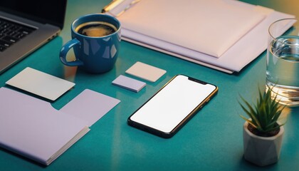Productivity Workspace: A sleek workspace setup, featuring a modern smartphone with a blank screen, alongside essential items like a laptop, a coffee cup, and stationery.