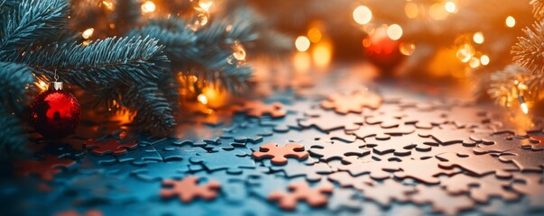 Scattered puzzle pieces forming a christmas or holiday concept, surrounded by fir branches, ornaments, and twinkling lights