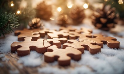 Wooden puzzle pieces arranging a unique snowflake shape, resting on crisp white snow with festive background lights and pine accents