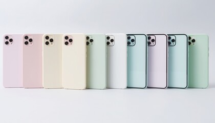 Colorful Smartphone Lineup: An array of smartphones in an eye-catching range of pastel hues are neatly arranged in a row, a visual testament to modernity and design.