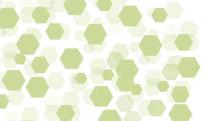 Abstract pattern of soft green hexagons in various sizes, arranged randomly across a white background. The hexagons have different opacity levels, creating a light, airy, and modern geometric look.