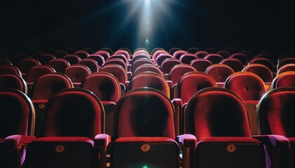 Empty Theater: A grand auditorium, where rows of plush, crimson seats await the start of a show. Light pours down. Capturing a sense of anticipation and the allure of cinematic storytelling.