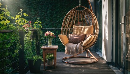 Obraz premium Serene Balcony Retreat: A cozy balcony sanctuary featuring an inviting hanging chair and potted plants, perfect for peaceful moments.