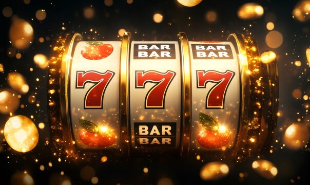 Slot machine reels aligning three lucky sevens, achieving a jackpot success. Shining golden particles celebrating a big win
