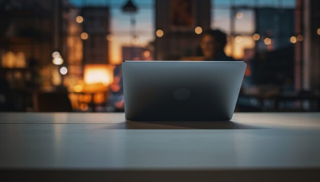 Laptop at the Cafe: A modern laptop sits on a sleek, light-colored table. Through the window, the soft glow of urban lights invites contemplation and creativity.