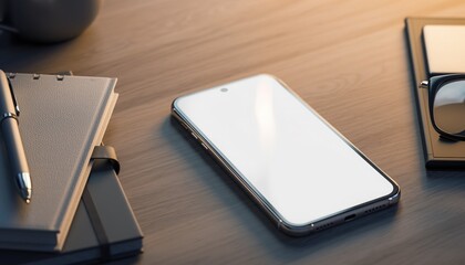 Digital Oasis: A smartphone rests elegantly on a warm wooden desk, accompanied by a notepad, pen, and glasses, inviting a sense of focus and organization.