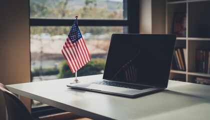 American Flag and Laptop: A patriotic setting is created, featuring a laptop adorned with an American flag on a table, symbolizing modern technology and national pride.