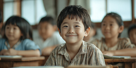 Happy Asian school boy smiling in classroom with classmates, vintage warm education concept
