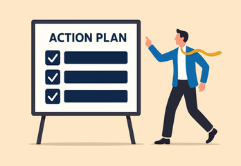 Action plan step by step checklist to progress and finish project, procedure or action steps to develop and complete work concept, businessman present action plan with checklist step on whiteboard.