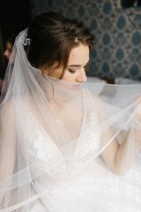 Portrait of a bride sitting indoors in her wedding dress. She looks at the camera with a calm, confident expression. Soft light highlights the lace details, veil, and floral bracelet, creating 