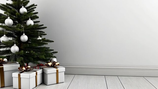 A Christmas tree stands adorned with ornaments, surrounded by gift boxes in a warm and welcoming room during the holiday season