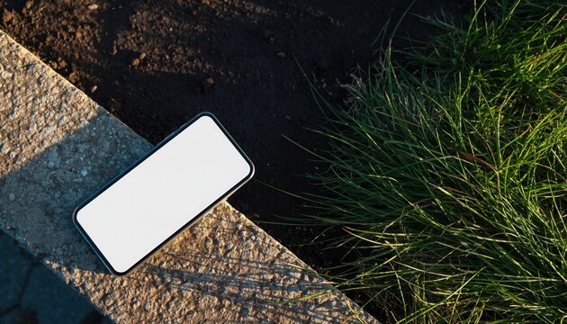 Smart Technology's Serenity: A smartphone rests calmly near a patch of grass in an outdoor setting, symbolizing tech amidst the beauty of nature.