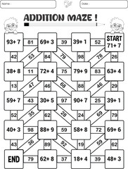 Addition maze puzzle game worksheet for child