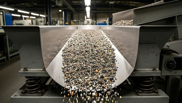 Industrial vibrating screener machine separating gravel in a factory production line process view inside