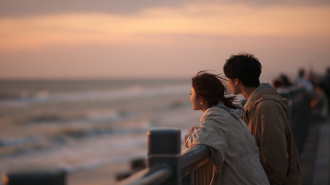 Romantic couple watching sunset by the ocean from seaside boardwalk railing