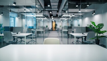 Modern Office Interiors: A clean, modern office space showcasing multiple workstations and a focus on open layout. Capturing the essence of modern corporate work environments.
