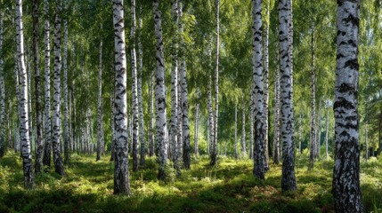 Birch trees stand tall in a serene forest landscape during the sunny afternoon, creating a peaceful atmosphere with lush green foliage