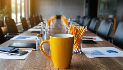 Meeting Anticipation: A bright yellow mug of coffee sits in anticipation on a long conference table, ready for the upcoming meeting