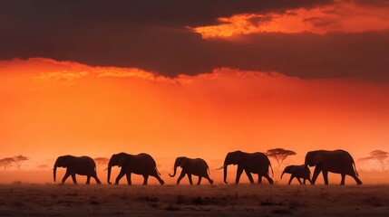 Elephants walking across the savanna during a vibrant sunset in an African landscape
