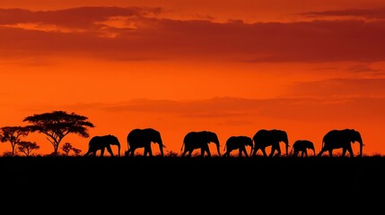 Elephants walking across a horizon during a vibrant sunset in an African savanna landscape