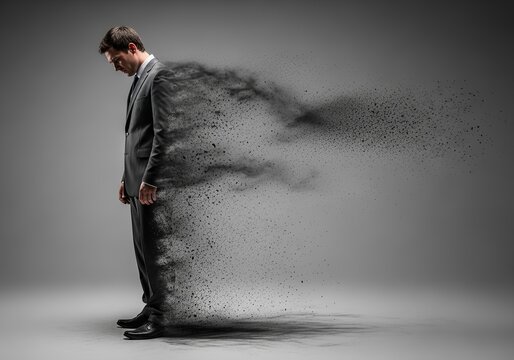 Burnout and failure concept. Tired man in a business suit standing with his head down while his back turns to ash and fades away.