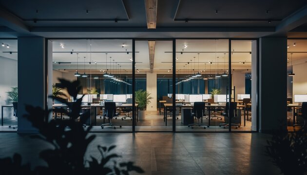 Evening Office Scene: An inviting view into a modern office bathed in the soft glow of interior lighting, as the working day fades into the twilight.