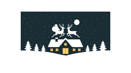 Fototapeta premium Whimsical silhouette of santa claus and reindeer flying over a snow covered cabin at night with falling snow
