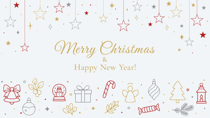 Festive Christmas greeting with hanging stars and holiday icons, bright winter New Year card in cheerful decorative style