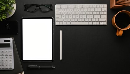 Workspace essentials: A meticulously arranged workspace featuring a minimalist design, with digital devices and office supplies, inviting productivity and creativity.