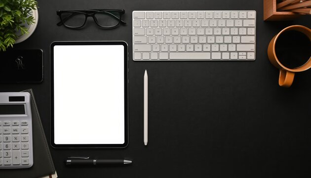 Workspace essentials: A meticulously arranged workspace featuring a minimalist design, with digital devices and office supplies, inviting productivity and creativity.