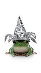 frog wearing a tinfoil hat, paranoid, paranoia, on a white background, animal photo