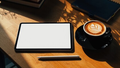 Workspace Productivity: A modern workspace comes to life, a digital tablet with a blank screen rests beside a steaming cup of coffee. Bathed in the warm glow of sunlight.